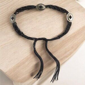Vintage black crochet and silver concho tie belt womens one size boho southwest